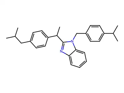 2-{1-[4-(2-methylpropyl)phenyl]ethyl}-1-{[4-(propan-2-yl)phenyl]methyl}-1H-1,3-benzodiazole structure