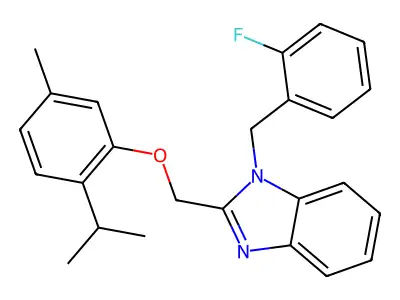 1-(2-fluorobenzyl)-2-((2-isopropyl-5-methylphenoxy)methyl)-1H-benzo[d]imidazole structure