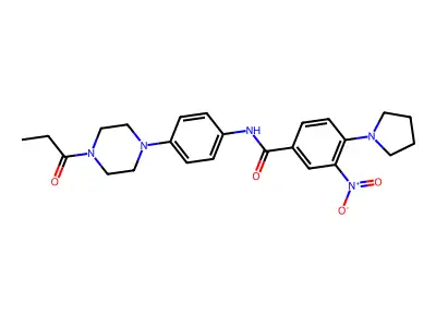 3-nitro-N-[4-(4-propanoylpiperazin-1-yl)phenyl]-4-pyrrolidin-1-ylbenzamide structure