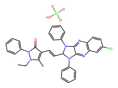6-Chloro-2-[2-(1-ethyl-2,3-dihydro-5-methyl-3-oxo-2-phenyl-1H-pyrazol-4-yl)ethenyl]-1,3-diphenyl-1H-imidazo[4,5-b]quinoxalinium perchlorate (1:1) structure