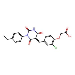 2-[2-chloro-4-[(E)-[1-(4-ethylphenyl)-2,4,6-trioxo-1,3-diazinan-5-ylidene]methyl]phenoxy]acetic acid structure