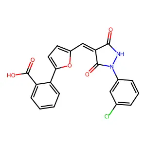 2-[5-[(Z)-[1-(3-chlorophenyl)-3,5-dioxopyrazolidin-4-ylidene]methyl]furan-2-yl]benzoic acid structure
