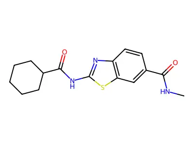 2-(cyclohexanecarbonylamino)-N-methyl-1,3-benzothiazole-6-carboxamide structure