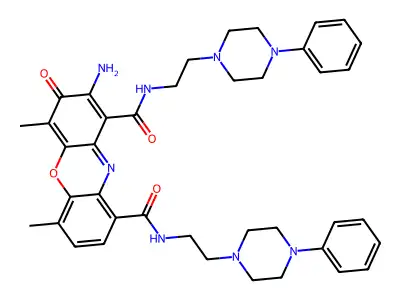 2-amino-4,6-dimethyl-3-oxo-1-N,9-N-bis[2-(4-phenylpiperazin-1-yl)ethyl]phenoxazine-1,9-dicarboxamide structure