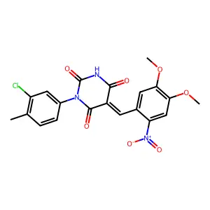 (5Z)-1-(3-chloro-4-methylphenyl)-5-(4,5-dimethoxy-2-nitrobenzylidene)pyrimidine-2,4,6(1H,3H,5H)-trione structure