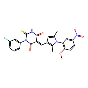 (5E)-1-(3-fluorophenyl)-5-[[1-(2-methoxy-5-nitrophenyl)-2,5-dimethylpyrrol-3-yl]methylidene]-2-sulfanylidene-1,3-diazinane-4,6-dione structure