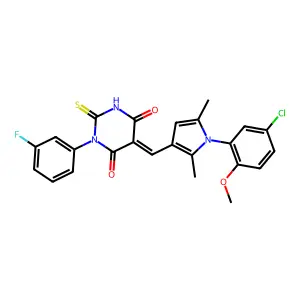 (5E)-5-[[1-(5-chloro-2-methoxyphenyl)-2,5-dimethylpyrrol-3-yl]methylidene]-1-(3-fluorophenyl)-2-sulfanylidene-1,3-diazinane-4,6-dione structure