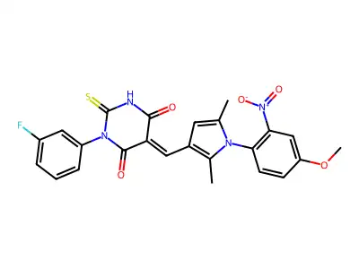 (5E)-1-(3-fluorophenyl)-5-[[1-(4-methoxy-2-nitrophenyl)-2,5-dimethylpyrrol-3-yl]methylidene]-2-sulfanylidene-1,3-diazinane-4,6-dione structure