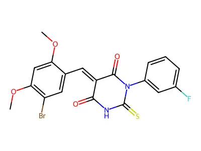 (5E)-5-(5-bromo-2,4-dimethoxybenzylidene)-1-(3-fluorophenyl)-2-thioxodihydropyrimidine-4,6(1H,5H)-dione structure