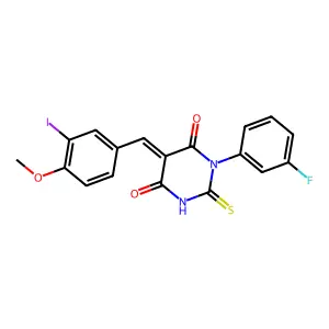 (5E)-1-(3-fluorophenyl)-5-(3-iodo-4-methoxybenzylidene)-2-thioxodihydropyrimidine-4,6(1H,5H)-dione structure