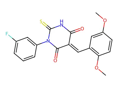 (5E)-5-(2,5-dimethoxybenzylidene)-1-(3-fluorophenyl)-2-thioxodihydropyrimidine-4,6(1H,5H)-dione structure
