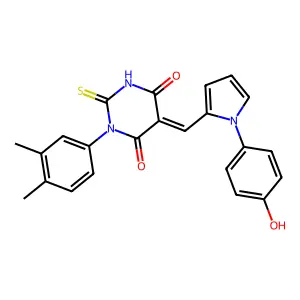(5E)-1-(3,4-dimethylphenyl)-5-[[1-(4-hydroxyphenyl)pyrrol-2-yl]methylidene]-2-sulfanylidene-1,3-diazinane-4,6-dione structure