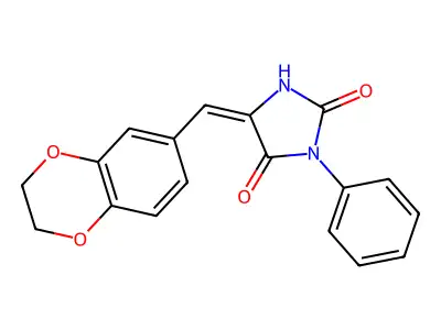 (5E)-5-(2,3-dihydro-1,4-benzodioxin-6-ylmethylidene)-3-phenylimidazolidine-2,4-dione structure