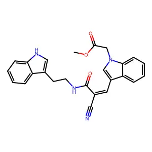 methyl {3-[(1E)-2-cyano-3-{[2-(1H-indol-3-yl)ethyl]amino}-3-oxoprop-1-en-1-yl]-1H-indol-1-yl}acetate structure