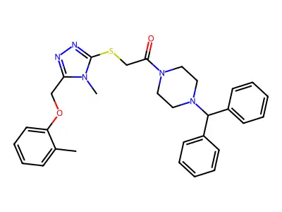 1-(4-benzhydrylpiperazin-1-yl)-2-[[4-methyl-5-[(2-methylphenoxy)methyl]-1,2,4-triazol-3-yl]sulfanyl]ethanone structure