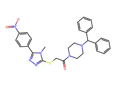1-(4-benzhydrylpiperazin-1-yl)-2-[[4-methyl-5-(4-nitrophenyl)-1,2,4-triazol-3-yl]sulfanyl]ethanone structure