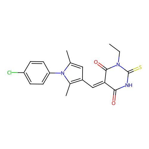 (5Z)-5-[[1-(4-chlorophenyl)-2,5-dimethylpyrrol-3-yl]methylidene]-1-ethyl-2-sulfanylidene-1,3-diazinane-4,6-dione structure