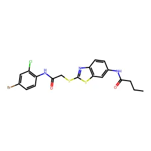 N-[2-[2-(4-bromo-2-chloroanilino)-2-oxoethyl]sulfanyl-1,3-benzothiazol-6-yl]butanamide structure