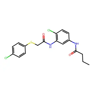 N-[4-chloro-3-[[2-(4-chlorophenyl)sulfanylacetyl]amino]phenyl]butanamide structure