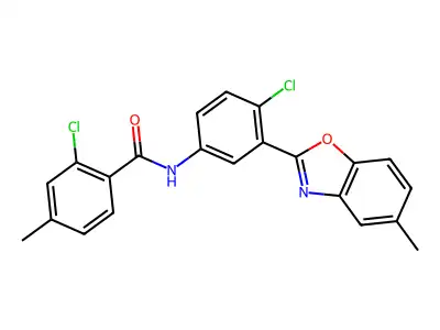 2-chloro-N-[4-chloro-3-(5-methyl-1,3-benzoxazol-2-yl)phenyl]-4-methylbenzamide structure