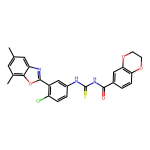 N-[[4-chloro-3-(5,7-dimethyl-1,3-benzoxazol-2-yl)phenyl]carbamothioyl]-2,3-dihydro-1,4-benzodioxine-6-carboxamide structure