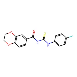 N-[(4-fluorophenyl)carbamothioyl]-2,3-dihydro-1,4-benzodioxine-6-carboxamide structure