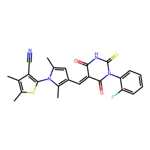 2-(3-{(E)-[1-(2-fluorophenyl)-4,6-dioxo-2-thioxotetrahydropyrimidin-5(2H)-ylidene]methyl}-2,5-dimethyl-1H-pyrrol-1-yl)-4,5-dimethylthiophene-3-carbonitrile structure