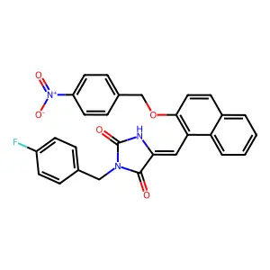 (5E)-3-(4-fluorobenzyl)-5-({2-[(4-nitrobenzyl)oxy]naphthalen-1-yl}methylidene)imidazolidine-2,4-dione structure