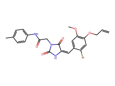 2-[(4E)-4-[(2-bromo-5-methoxy-4-prop-2-enoxyphenyl)methylidene]-2,5-dioxoimidazolidin-1-yl]-N-(4-methylphenyl)acetamide structure
