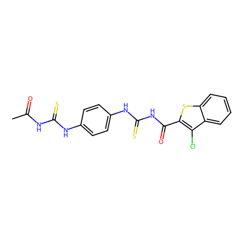 N-((4-(3-acetylthioureido)phenyl)carbamothioyl)-3-chlorobenzo[b]thiophene-2-carboxamide structure