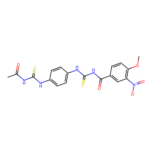 N-((4-(3-acetylthioureido)phenyl)carbamothioyl)-4-methoxy-3-nitrobenzamide structure