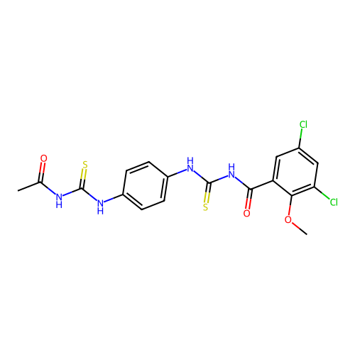 N-((4-(3-acetylthioureido)phenyl)carbamothioyl)-3,5-dichloro-2-methoxybenzamide structure