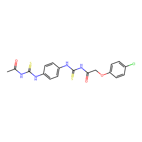 N-((4-(3-acetylthioureido)phenyl)carbamothioyl)-2-(4-chlorophenoxy)acetamide structure
