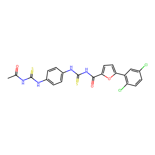 N-((4-(3-acetylthioureido)phenyl)carbamothioyl)-5-(2,5-dichlorophenyl)furan-2-carboxamide structure