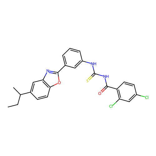 N-((3-(5-(sec-butyl)benzo[d]oxazol-2-yl)phenyl)carbamothioyl)-2,4-dichlorobenzamide structure