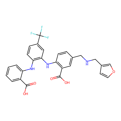 2-({2-[(2-Carboxyphenyl)amino]-5-(trifluoromethyl)phenyl}amino)-5-{[(3-furylmethyl)amino]methyl}benzoic acid structure