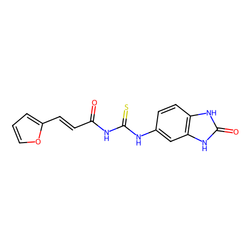 (2E)-3-(2-furyl)-N-{[(2-oxo(3-hydrobenzimidazol-5-yl))amino]thioxomethyl}prop- 2-enamide structure