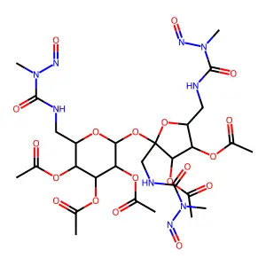 [4,5-diacetoxy-6-[3,4-diacetoxy-2,5-bis[[[methyl(nitroso)carbamoyl]amino]methyl]tetrahydrofuran-2-yl]oxy-2-[[[methyl(nitroso)carbamoyl]amino]methyl]tetrahydropyran-3-yl] acetate structure