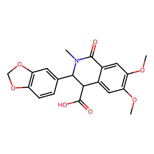 (4S)-3-(1,3-benzodioxol-5-yl)-6,7-dimethoxy-2-methyl-1-oxo-3,4-dihydroisoquinoline-4-carboxylic acid structure