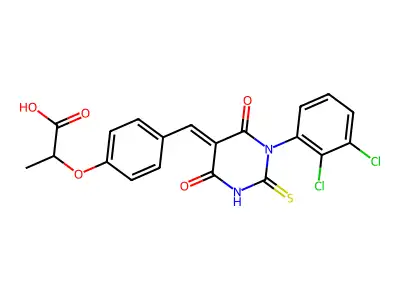 2-[4-[(E)-[1-(2,3-dichlorophenyl)-4,6-dioxo-2-sulfanylidene-1,3-diazinan-5-ylidene]methyl]phenoxy]propanoic acid structure