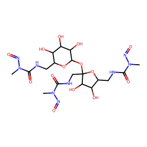 3-[[6-[3,4-dihydroxy-2,5-bis[[[methyl(nitroso)carbamoyl]amino]methyl]oxolan-2-yl]oxy-3,4,5-trihydroxyoxan-2-yl]methyl]-1-methyl-1-nitrosourea structure