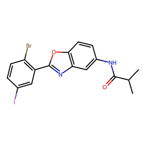 N-[2-(2-bromo-5-iodophenyl)-1,3-benzoxazol-5-yl]-2-methylpropanamide structure