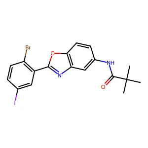 N-[2-(2-bromo-5-iodophenyl)-1,3-benzoxazol-5-yl]-2,2-dimethylpropanamide structure