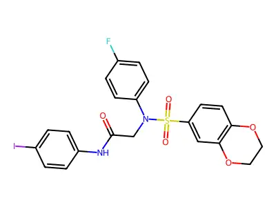 2-[N-(2,3-dihydro-1,4-benzodioxin-6-ylsulfonyl)-4-fluoroanilino]-N-(4-iodophenyl)acetamide structure