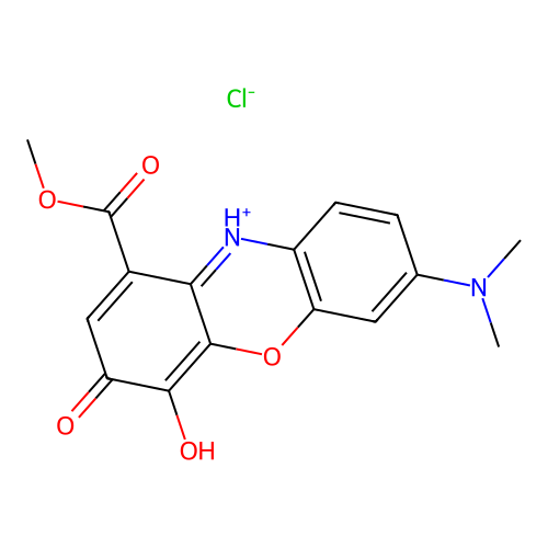 7-(Dimethylamino)-3,4-dihydroxy-1-(methoxycarbonyl)phenoxazin-5-ium chloride structure