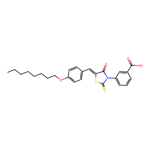 (Z)-3-(5-(4-(octyloxy)benzylidene)-4-oxo-2-thioxothiazolidin-3-yl)benzoic acid structure