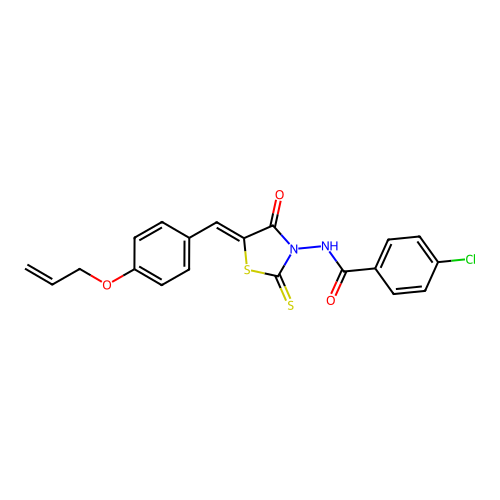 (Z)-N-(5-(4-(allyloxy)benzylidene)-4-oxo-2-thioxothiazolidin-3-yl)-4-chlorobenzamide structure