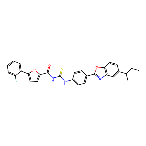 N-({4-[5-(butan-2-yl)-1,3-benzoxazol-2-yl]phenyl}carbamothioyl)-5-(2-fluorophenyl)furan-2-carboxamide structure