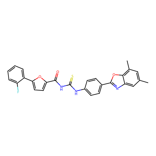 N-((4-(5,7-dimethylbenzo[d]oxazol-2-yl)phenyl)carbamothioyl)-5-(2-fluorophenyl)furan-2-carboxamide structure