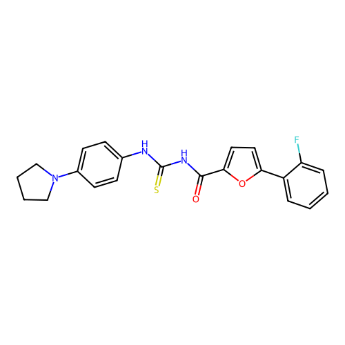 5-(2-fluorophenyl)-N-((4-(pyrrolidin-1-yl)phenyl)carbamothioyl)furan-2-carboxamide structure